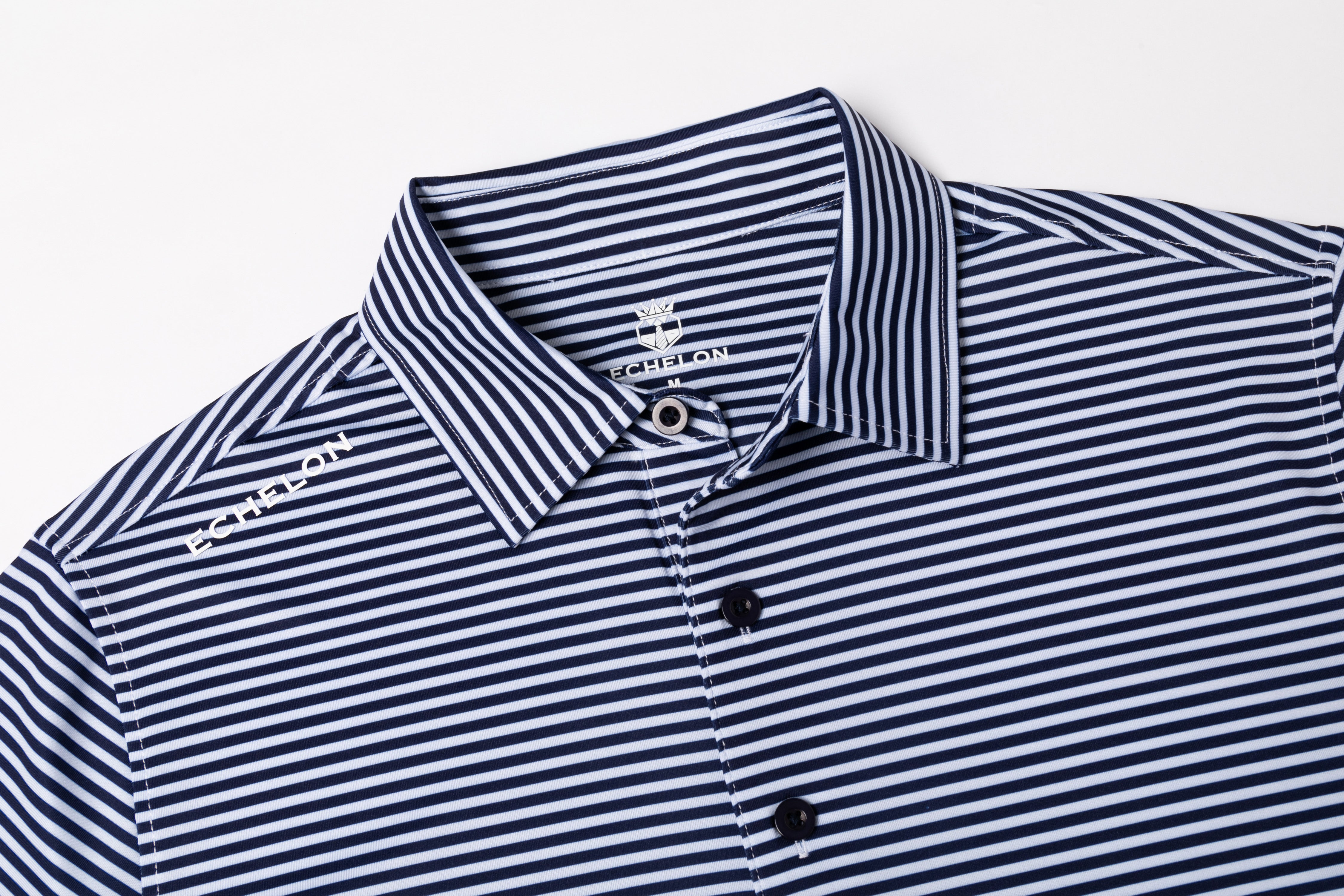 Stripe Show – Men’s Navy & White Striped Golf Polo