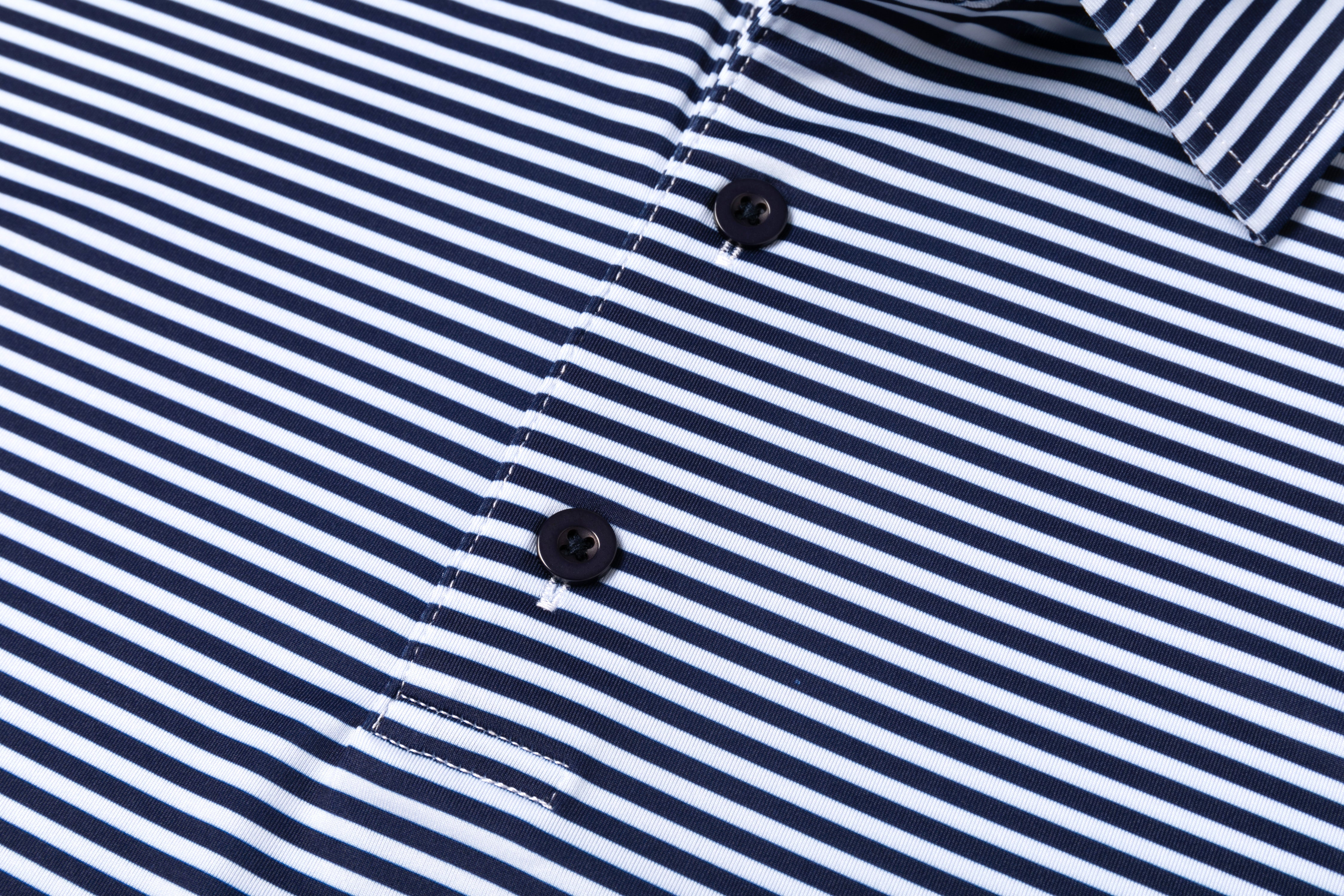 Stripe Show – Men’s Navy & White Striped Golf Polo