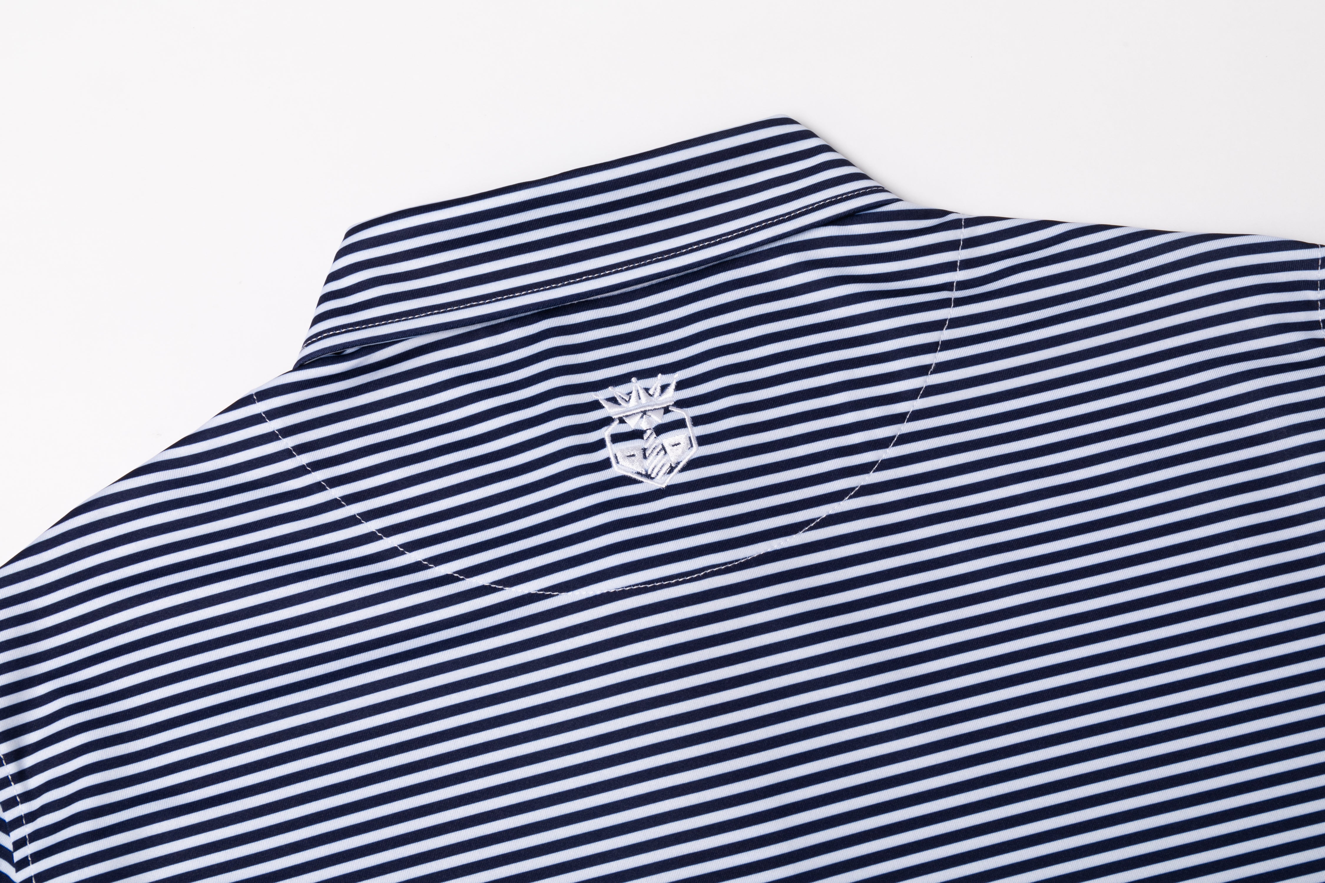 Stripe Show – Men’s Navy & White Striped Golf Polo