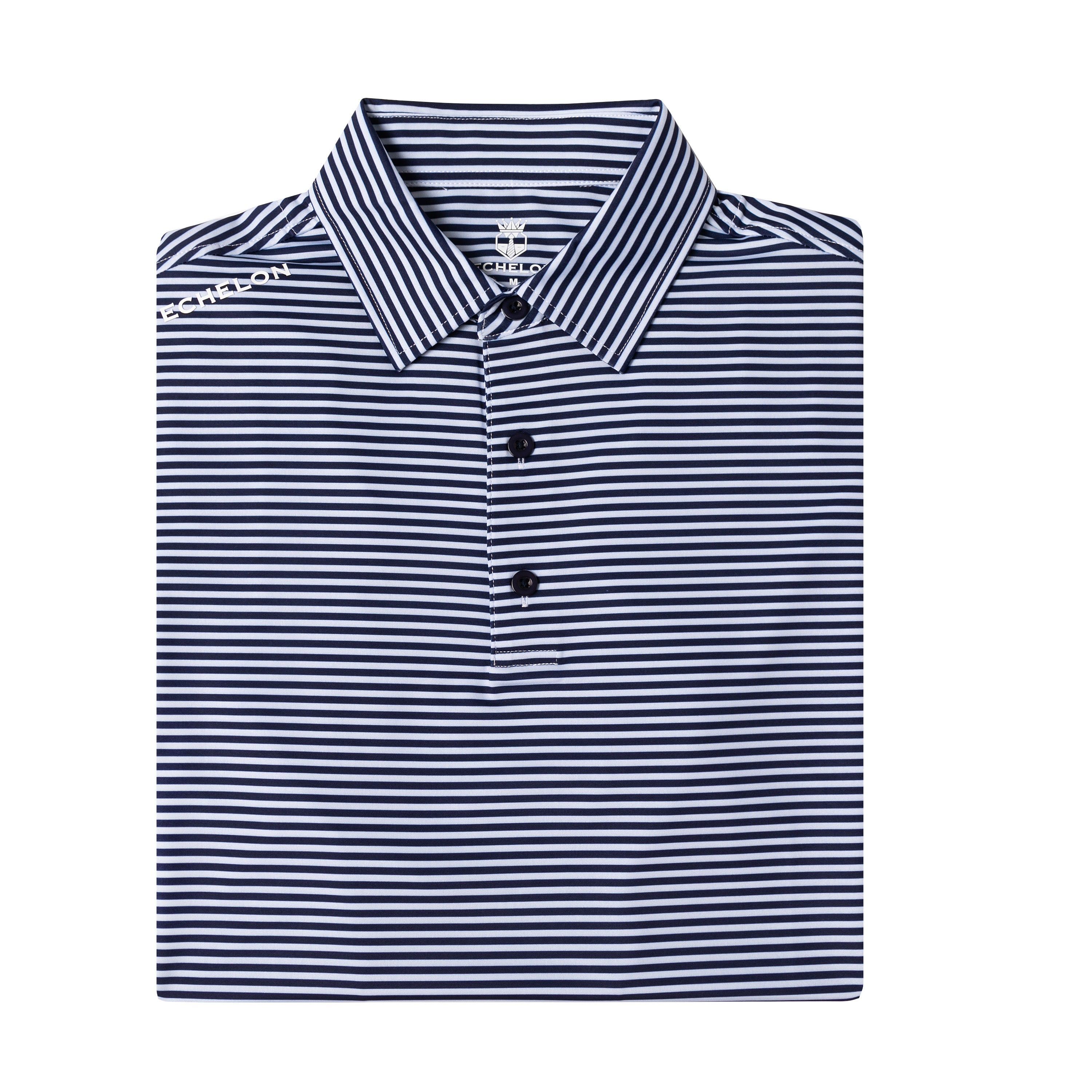 Stripe Show – Men’s Navy & White Striped Golf Polo