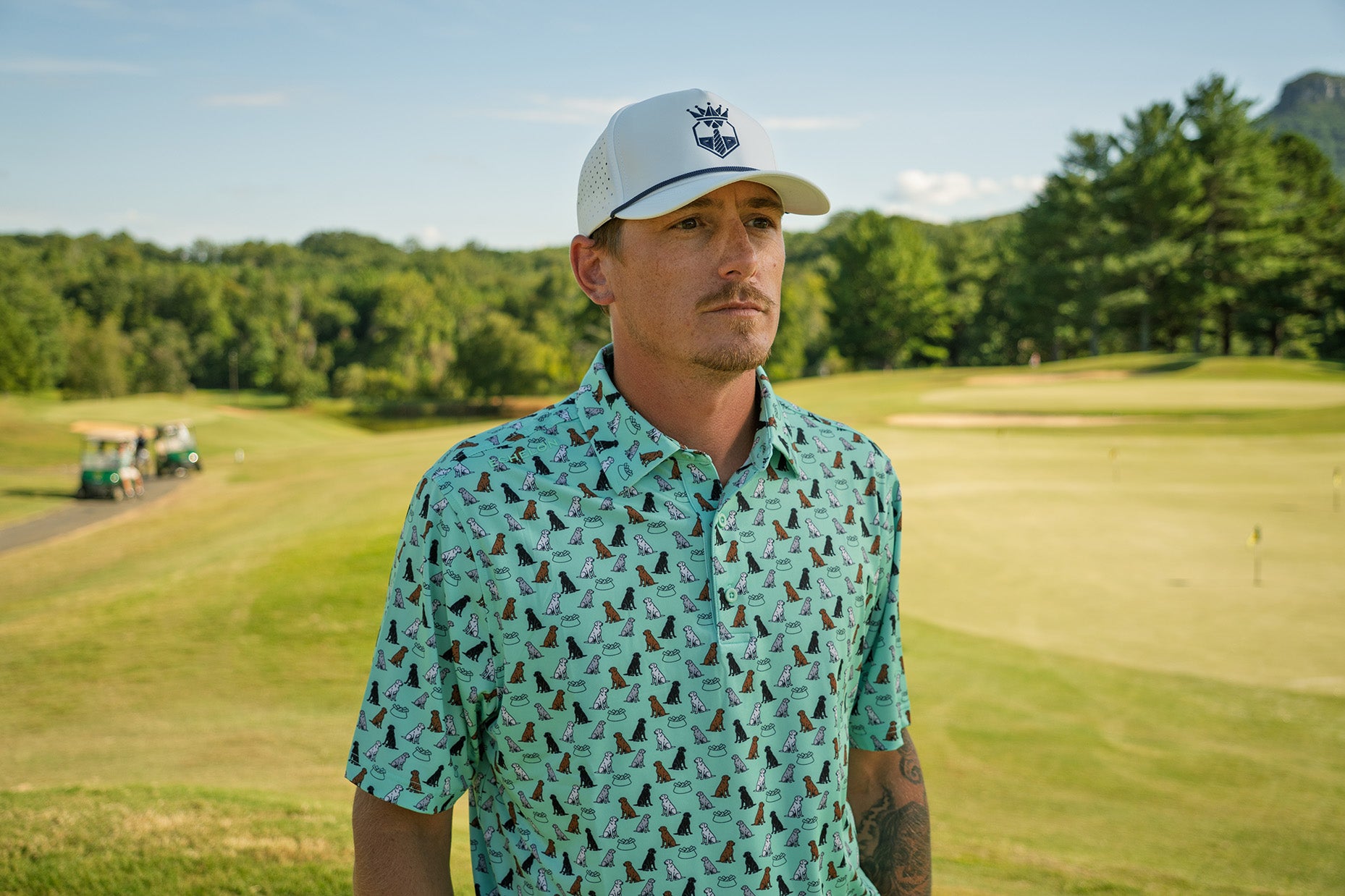 First In Show – Men’s Golf Polo with Labrador Retriever Print