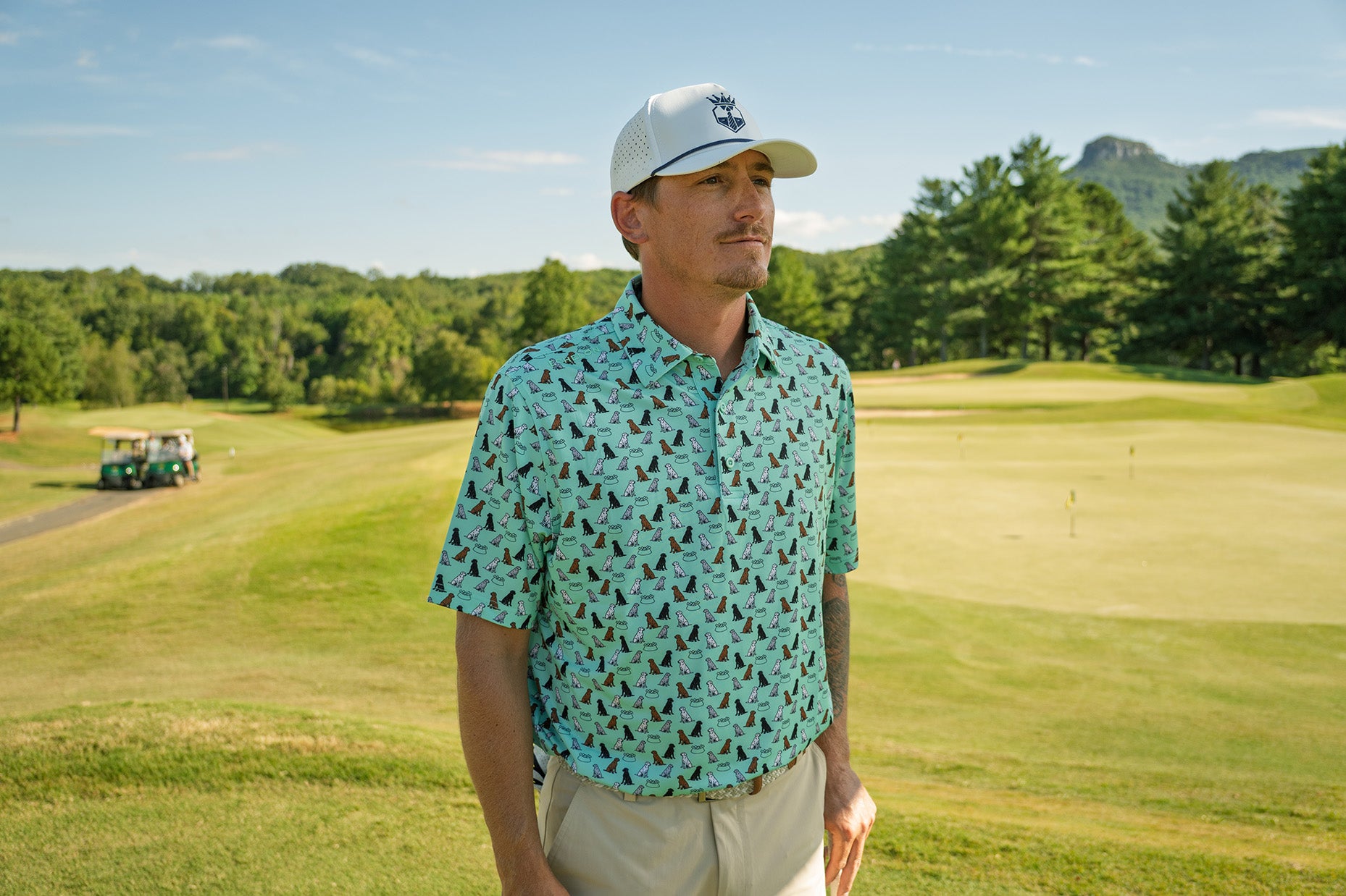 First In Show – Men’s Golf Polo with Labrador Retriever Print