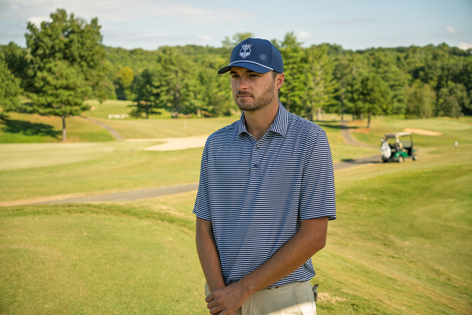 Stripe Show – Men’s Navy & White Striped Golf Polo