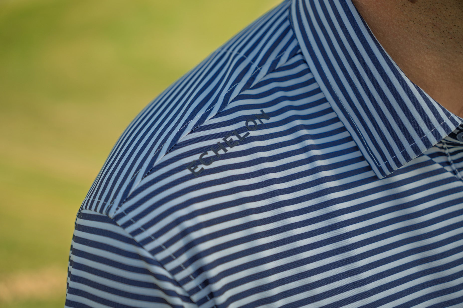Stripe Show – Men’s Navy & White Striped Golf Polo